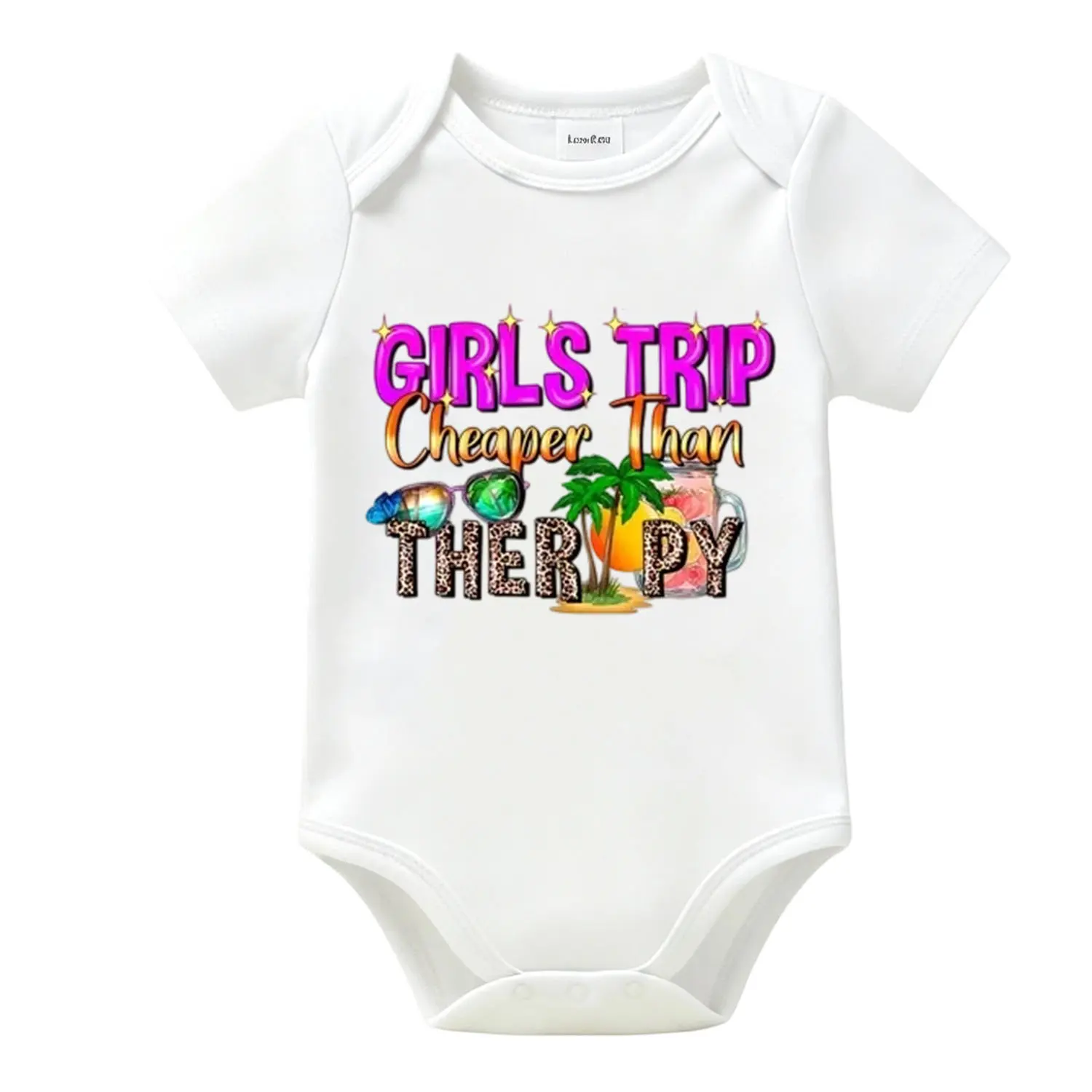 “Girls Trip Cheaper Than Therapy ” Leopard Graphic Baby Short Sleeve Bodysuit , Soft 100% Pure Cotton Newborn Baby Boys Girls Onesie for Summer Vacation & Family Photo Shoot