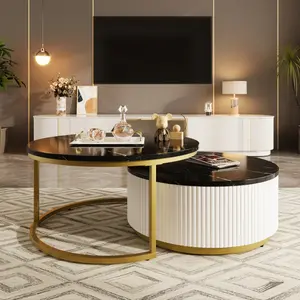 Nesting Coffee Table Set of 2 with Storage Drawers for Living Room Fluted Round Center Table Set for Saving Space, 31.5"