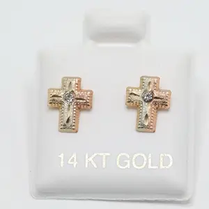 14K Gold 3 Tone Cross Stud Earrings with Stone