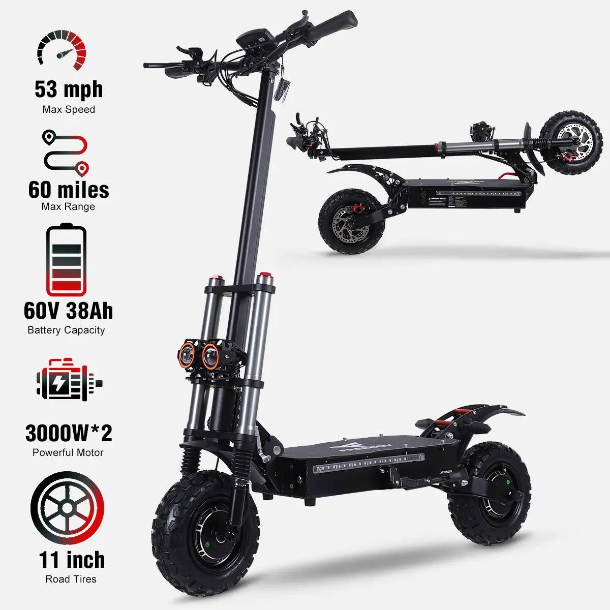 SEALUP High Performance Adult Electric Scooter with Seat, Foldable Portable Off-Roading Commuter, 6000W Dual Motors, 53 MPH Max Speed, 100 km Range, 11" Tires, 60V 38Ah Battery, 45Kg Capacity, 6-Month Warranty, Compact Fold Design
