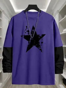 Gothic Star Halloween Element Geometric Loose Long Sleeve Round Neck T-Shirt, Casual Graphic Tee, Fashion Streetwear Casual Style, Comfortable Trendy Top Gift