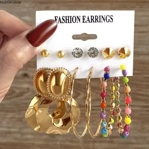 Women's 6-Pair Gold Mixed Earrings Set - Earring for Women, Trendy Lightweight Hypoallergenic Jewelry with Chunky Twisted Hoops, Colorful Beaded Chain Dangles, Pearl Crystal Studs, Disc Studs, Ideal for Daily Layering, Parties