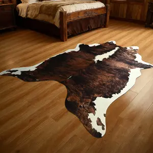 High-Grade Plain Faux Cowhide Low-Pile Decorative Rug - Polyester Material, Anti-Slip Backing, Easy-Cleaning Western-Theme Indoor Rug for Living Room, Bedroom