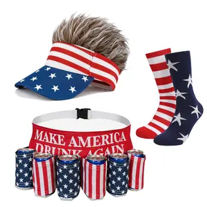 3-Piece 4th of July Patriotic Party Bundle - American Flag Drink Belt, Novelty Wig Visor Hat with Comb and Socks, Fun USA Pride Outfit Set