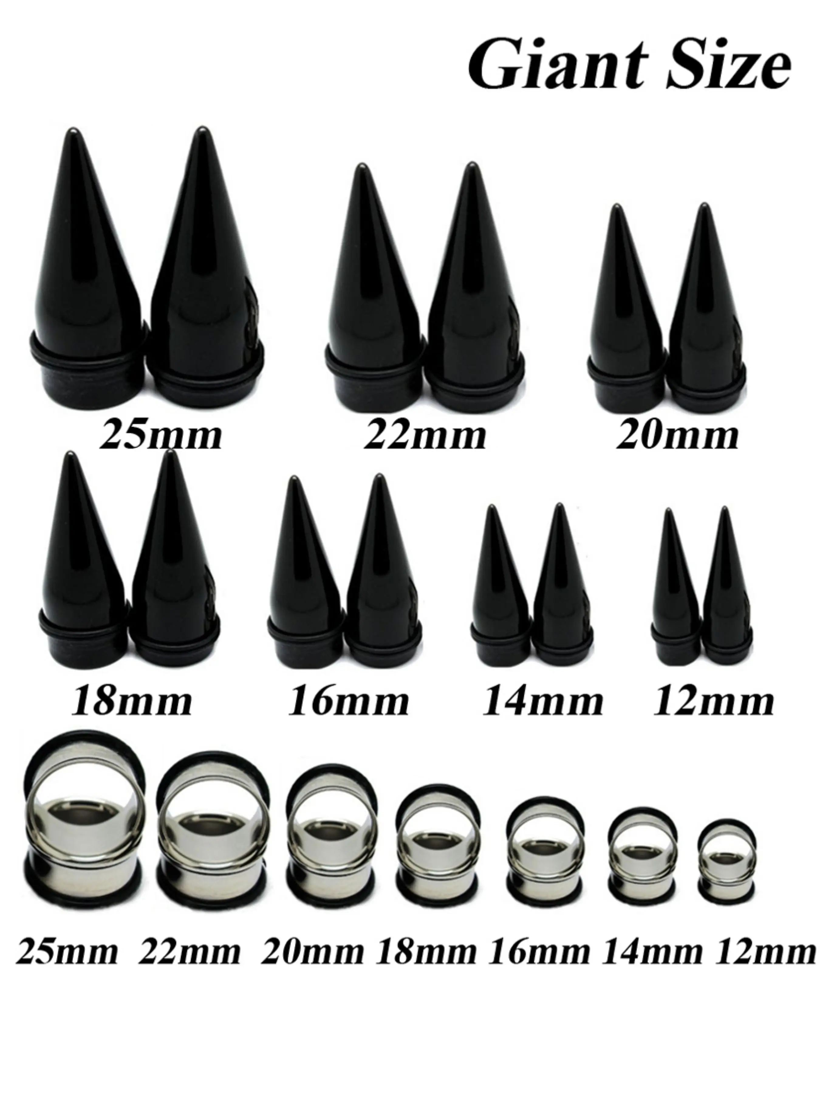 Giant Size Stainless Steel Single Flared Tunnel & Acrylic Stretcher Ear Stretching Taper Kit, 6 Pair Earring Gauge Plug, Ear Plugs, Body Jewelry, Ear Gauges, Ear Gauge Tunnels, Body Piercing