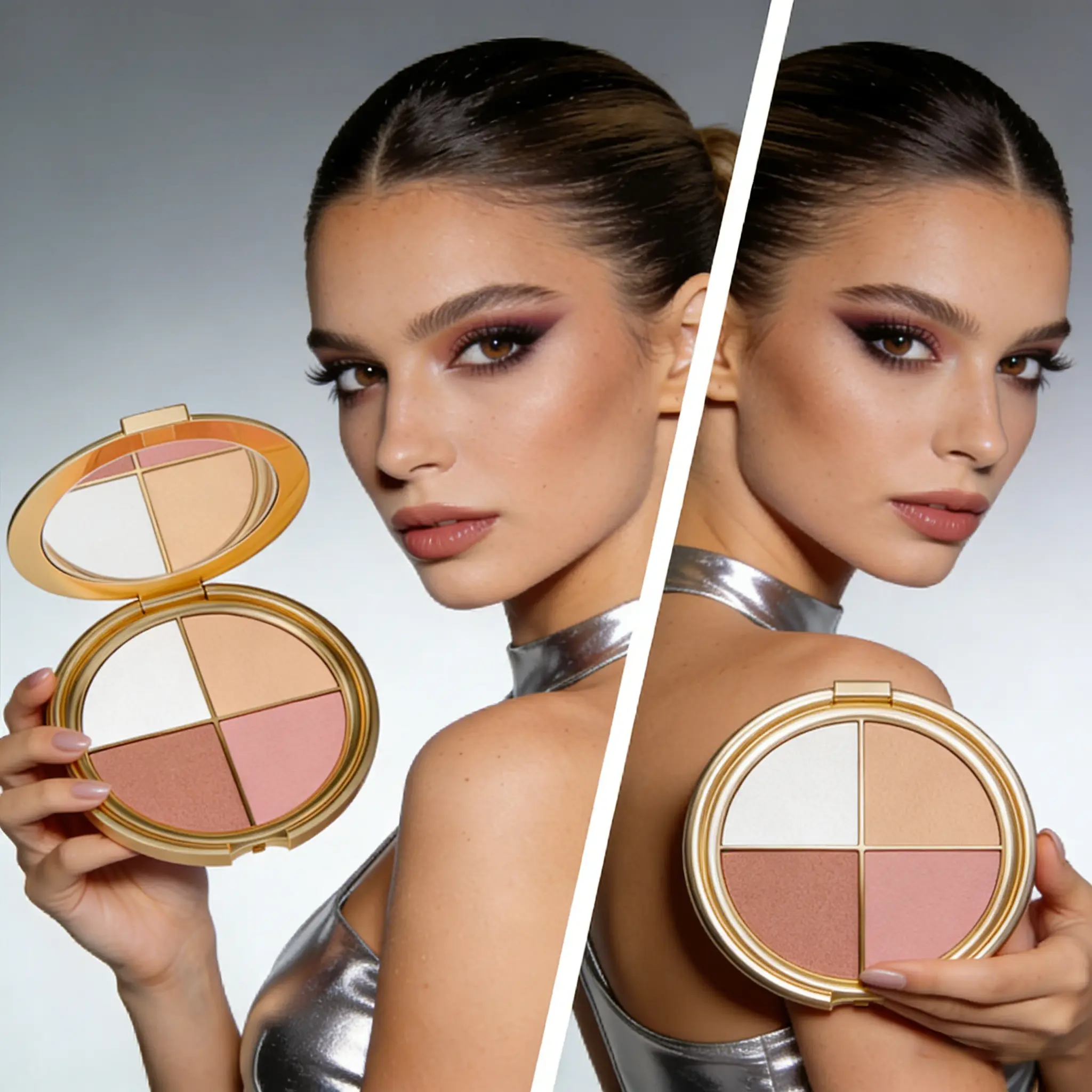 4-in-1 Facial Make Up Palette with Eyeshadow, Blush, Contour & Highlighter, Long-Lasting Silky Formula for a Dewy Glow, For All Skin Tones, Flawless, Cosmetic, Blend, Kit