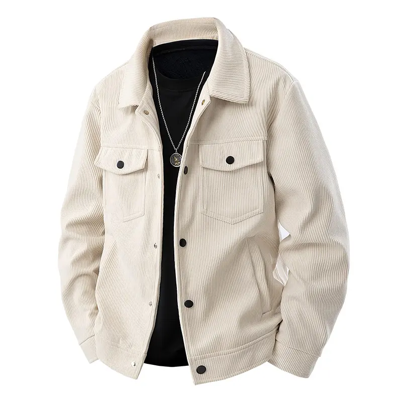 Men's corduroy jacket, warm and cozy with a collar, perfect for autumn and winter. Casual design with multiple pockets and button closures, ideal for everyday wear or as workwear for men.