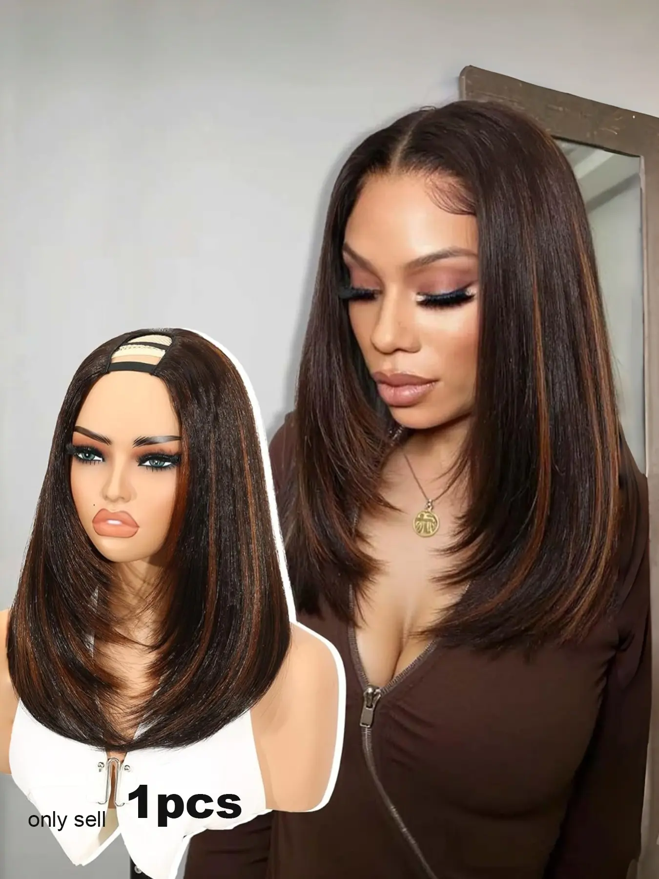 Women Yaki Straight Layered Bob U Part Wig, V Part Highlight Glueless Clip-In Half Wigs, Heat Resistant Synthetic Hair (14 Inch), Synthetic Machine Wigs, Bob Cut Wig, Synthetic Material Wigs