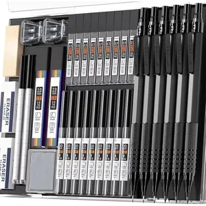 34 count Art Metal Mechanical Pencil Set, 3 count Art Drafting Pencils 0.5, 0.7, 0.9MM & 3 count 2MM Mechanical Drawing Pencils with 384 count Leads (6B 4B 2B HB 2H 4H Color) for Writing Sketching Drawing black