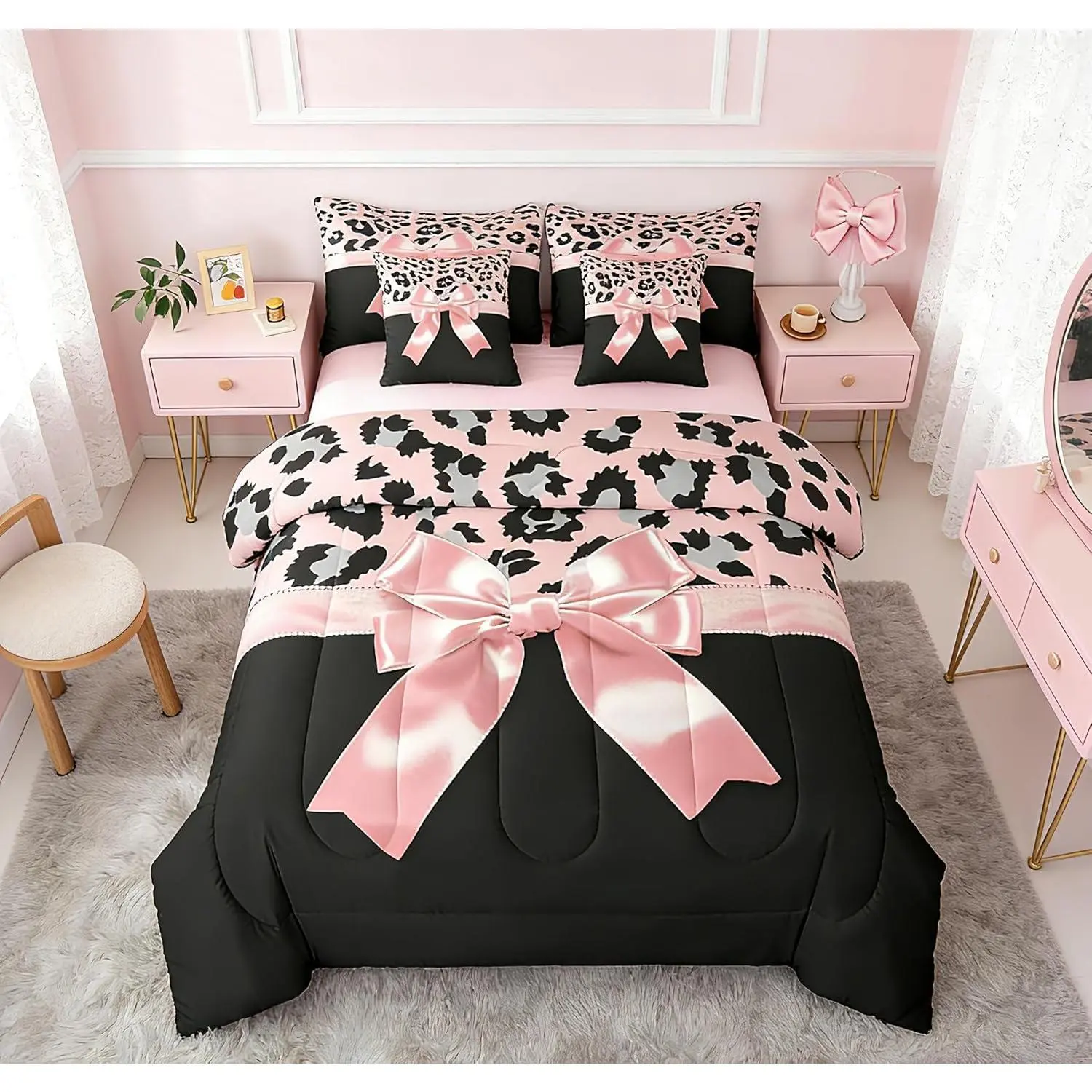 Pink Silk Bowknot 7 Piece Bedding Set Grey Leopard Comforter Set with Sheets for Kids Girls Women Black Pink Bed in a Bag Sweet Romantic Bed Set
