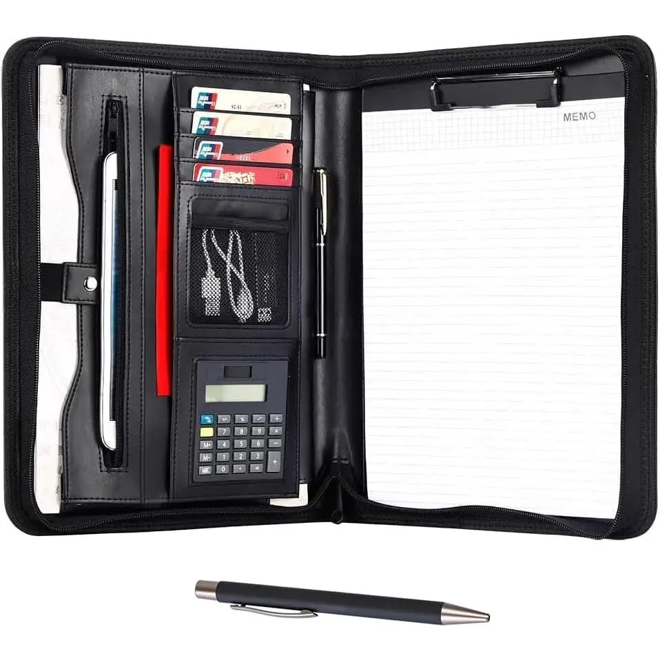Leather Portfolio - Professional Zippered Business Padfolio, 12.87"x10.14" Water Resistant Important Document Organizer with Card Holder, Writing Pad, File Folders to Organize Docs for Professionals (Interviews), Office Stationery Set