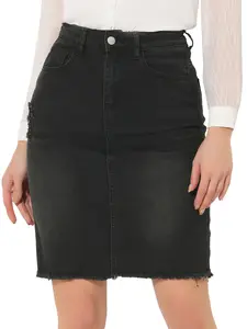 INSPIRE CHIC Basic Distressed High Waist Ripped Hem Washed Jeans Denim Skirt