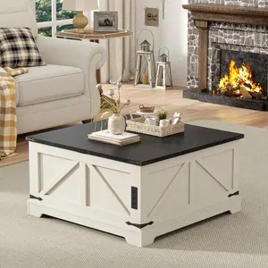 [SummerVibes] Vabches Farmhouse Lift Top Coffee Table with Storage, Wood Square Center Table with Charging Station, Rustic Cocktail Tables with Flip Top Lids for Living Room, Home Office, Modern Black
