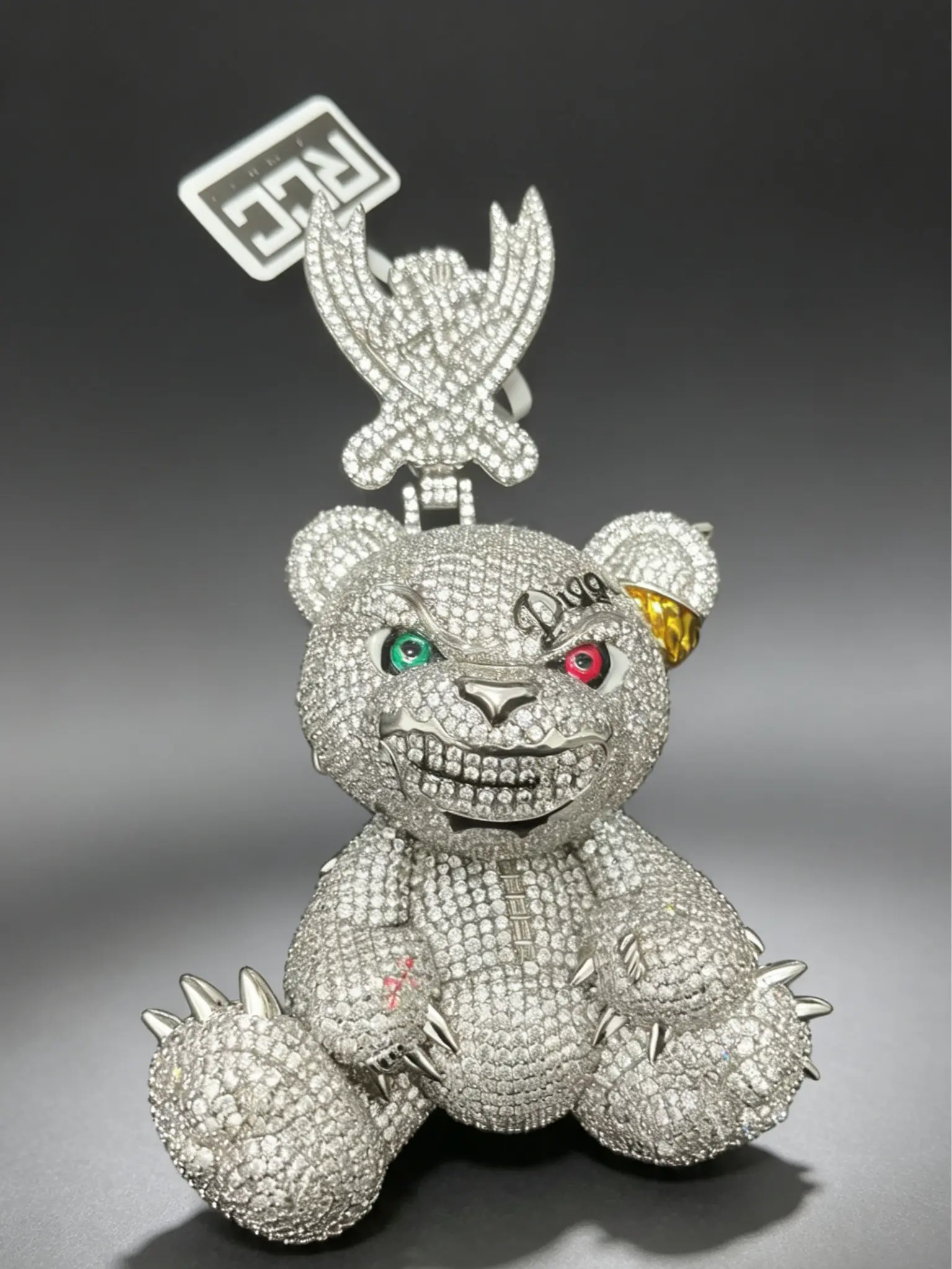 M2-2020  Spiked Bad Teddy Bear Pendant | Fully Flooded Sparkling Angry Bear Statement Necklace for Rappers & Trendsetters Rhinestone Bling Rhinestone Charms