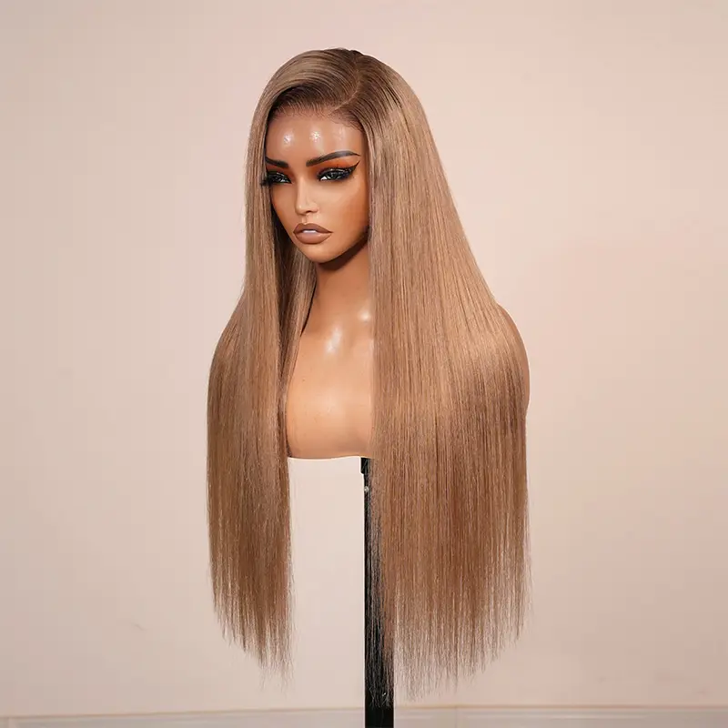 Megalook 5x6 Lace Glueless Frontal Wig, Pre-Cut HD Pre-Plucked Silky Straight 4MTB Ombre Blonde 100% Human Hair Wig