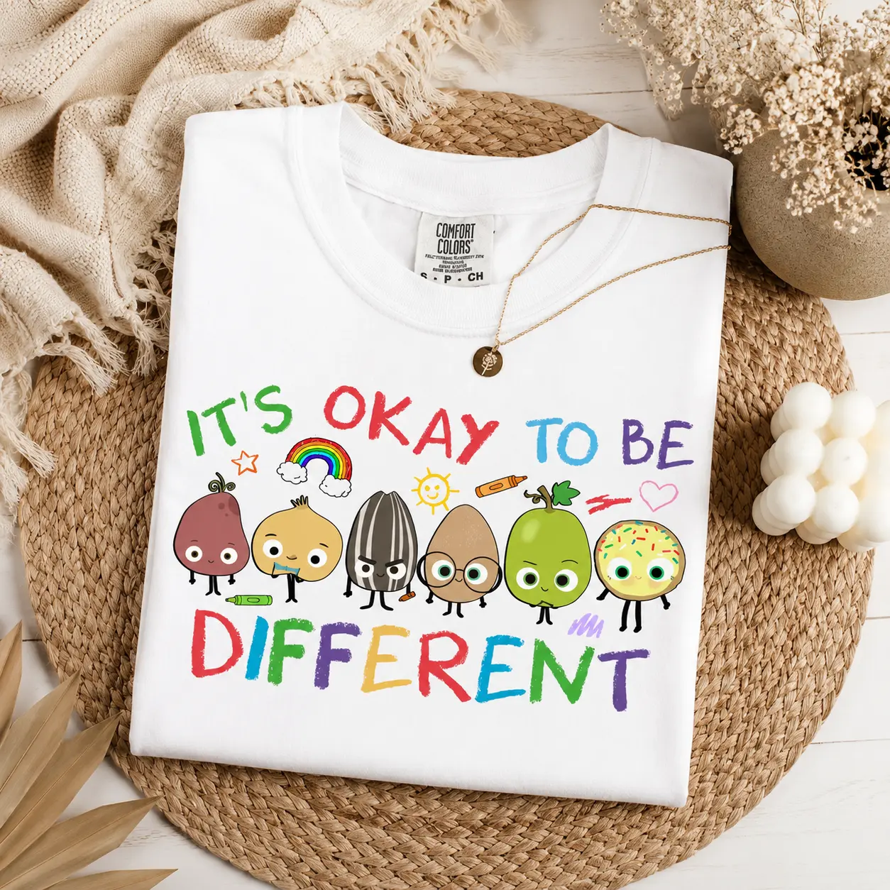 It’s Okay to Be Different Graphic Tee – Cute Cartoon Seeds & Nuts  Shirt Comfort Colors