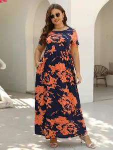 Plus Size Floral Print Short Sleeve Fitted A-Line Dress, Boho Round Neck Long Dresses for Beach Holiday Vacation, Women's Plus Clothes, Womenswear, casual wear, Casual Boho Sundress, Summer Outfits 2024
