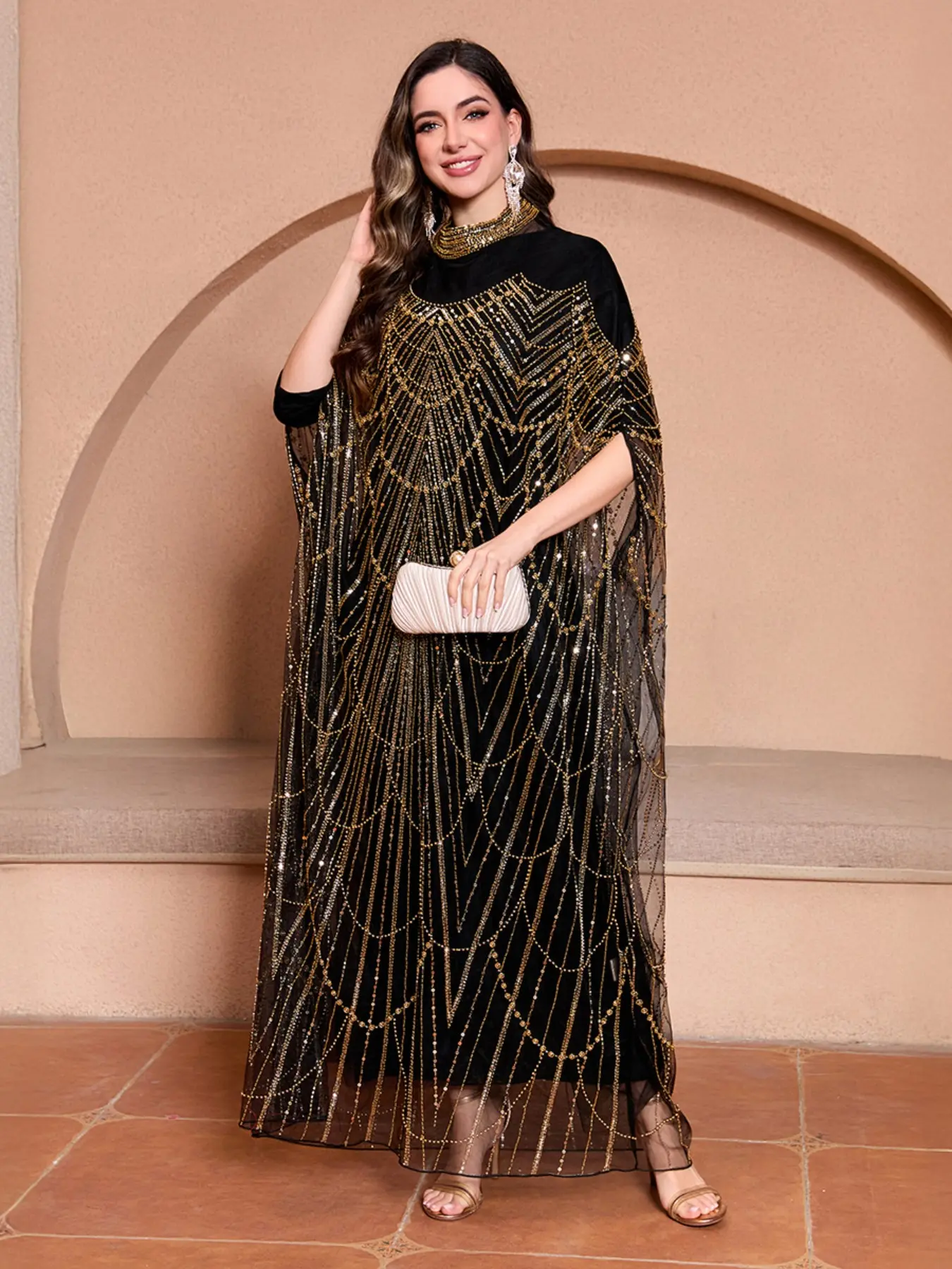 JINLICX Women's Black Sheer Mesh Cape Abaya Kaftan Gown Robe, Hand Stitched Golden Chain Beaded Embroidery, High Neck Batwing Cape Sleeve Long Maxi Dress, Embellished Glam Gown for Wedding, Evening Party, Formal Luxury Occasions CXD27