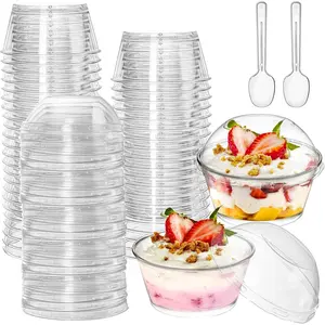100 Pack 5 oz. Thick Plastic Dessert Cups with 100  and 100 Spoons, Mini Clear Ice Cream Bowl Parfait Party Cups,  Snack Serving Bowls for Desserts, Appetizers, Puddings, Fruits