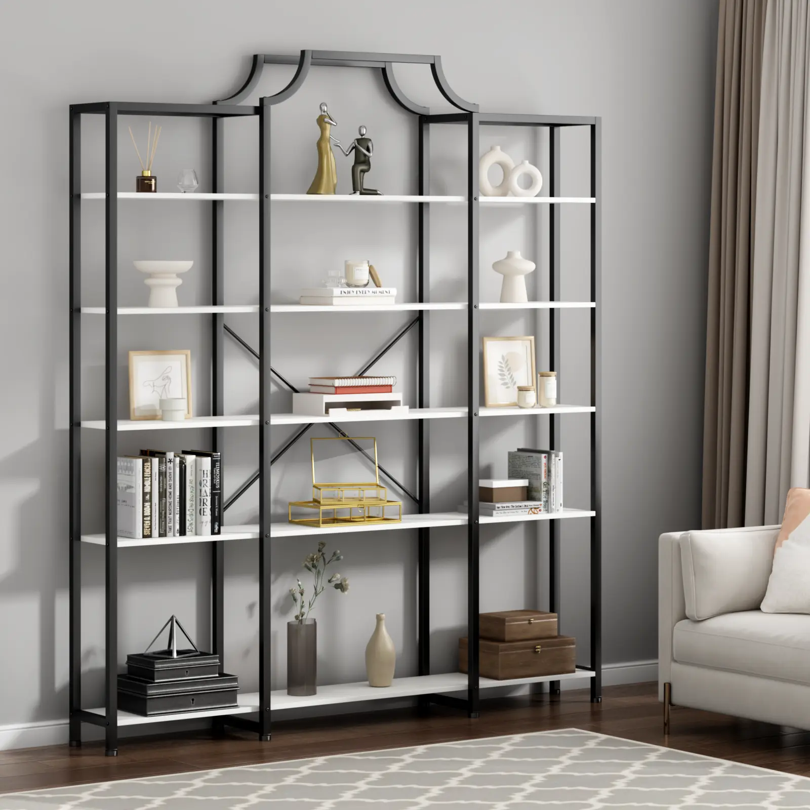 Gyfimoie 70.87" L x 79.13" H Triple Wide 5-Tier Bookshelf, Tall Display Shelf with Metal Frame, Extra Large Gold Bookcase, Freestanding Etagere Storage Display Shelf