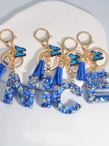 Blue Resin Letter Keychain Pendant Personalized with Butterfly Tassel, DIY Backpack Accessory, Outdoor Hiking Camping Gear, Christmas New Year Gift