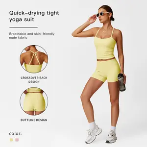 MFVIM Women's Yoga Wear Backless Lace Up Sports Bra and High Waisted Hip Lifting Shorts Matching Workout Set butt-lifting Pilates Improver Suit Sleeveless Gym Tops Lightweight Activewear Running Outfits Sporty Style Clothes