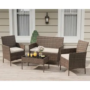 Gaomon 4-Piece Patio Furniture Set, Rattan Outdoor Furniture with Upholstered Sofa, 2 Chairs & Coffee Table, Modern Conversation Bistro Set for Garden Backyard Porch (Gradient Brown and Beige)