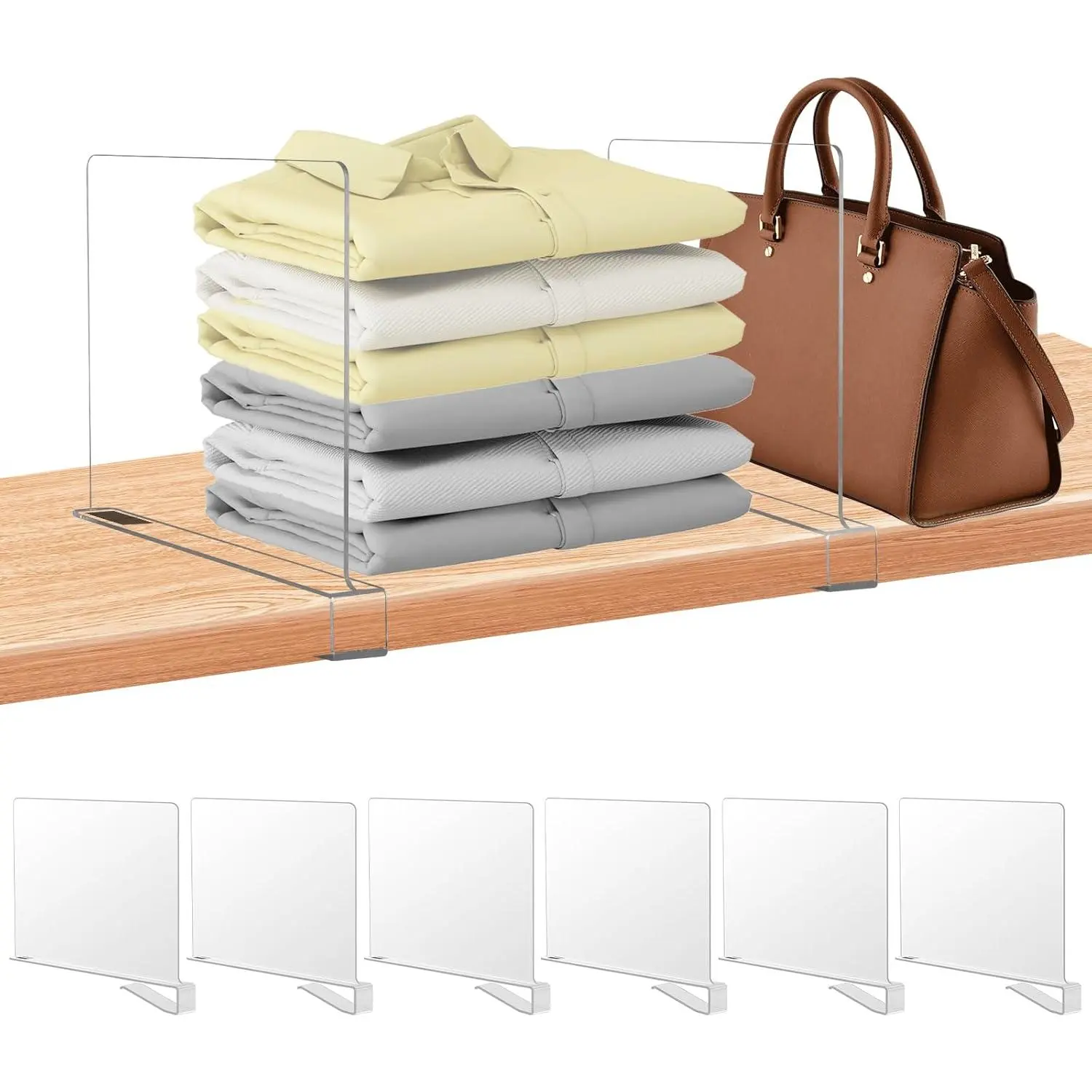 6 Pack Clear  Shelf Dividers for Closet Organization, Purse Organizers for Closet, Clothing Dividers, Handbag Organizers for Shelves in Bedroom and Office