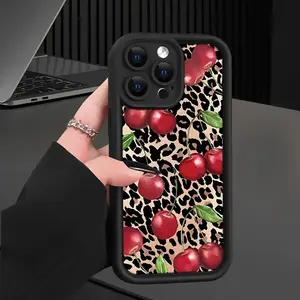 Cherry Leopard Pattern Case for IPhone 16 15 14 Pro Max 13 12 11 XR XS Plus Shockproof Non Slip Military-Grade Protection Silicone Cover Gifts for Women Men Girls Boys