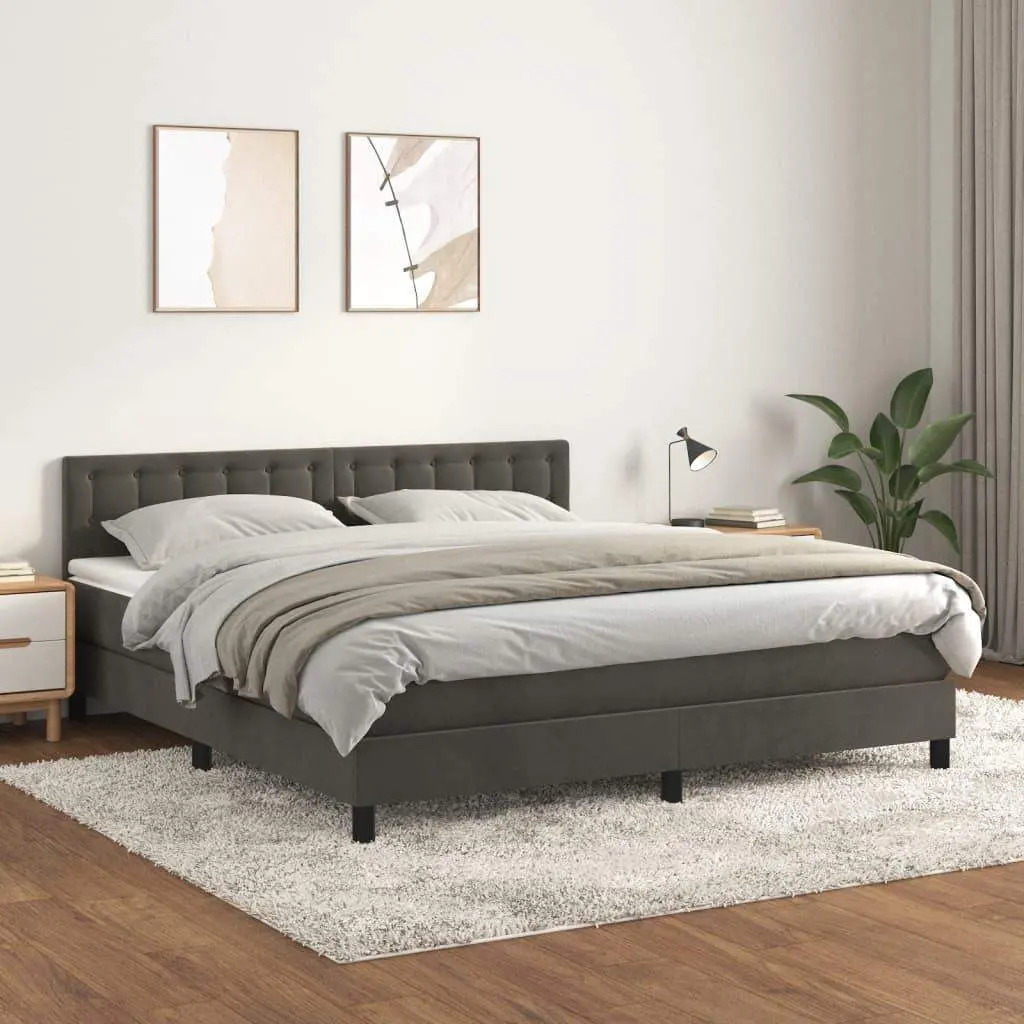 Box Spring Bed with Mattress Dark Gray Queen Velvet