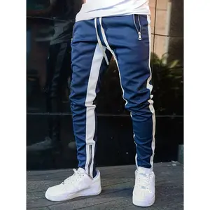 Street Style Casual Pants, Men's Chain Decoration Zipper Pockets Slightly Stretch Sweatpants