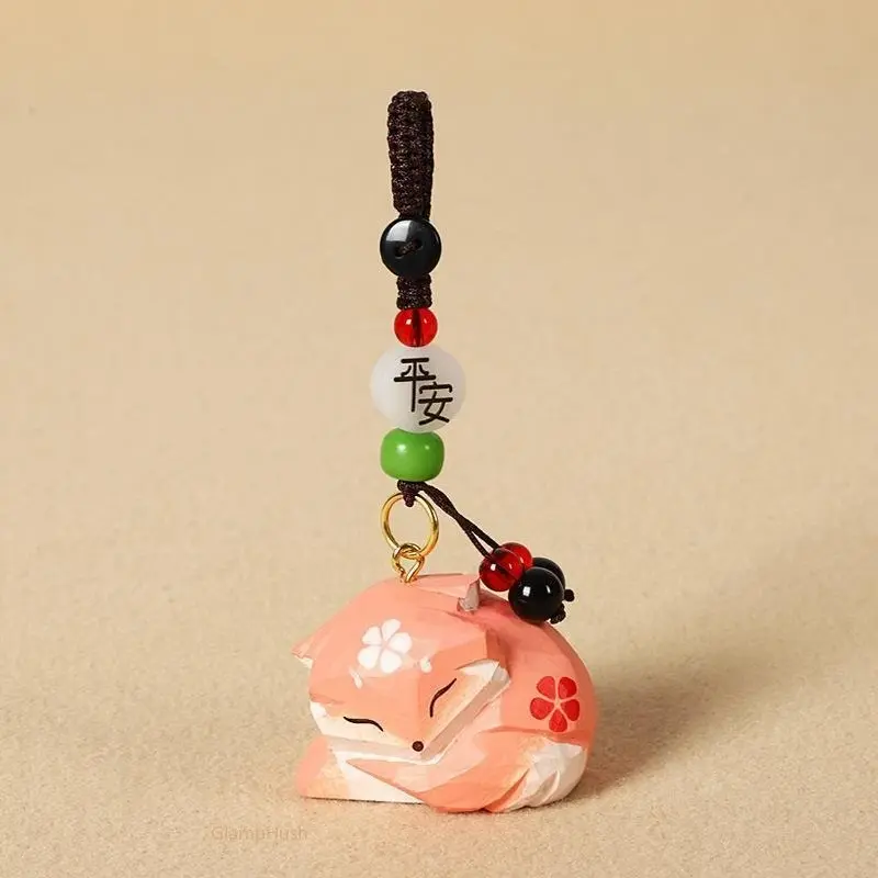 Handmade Wooden Fox Figure Keychain with Cherry Blossom Pattern Beaded Strap - Sporty Chic Sports & Outdoor Protective Gear Accessory, Outdoor Bag Charm, Ideal Gift for Friends, No Extra Bulk
