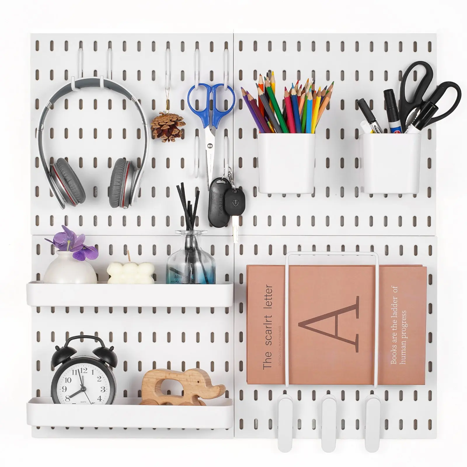 VEVOR ABS Plastic Multi-Panel Pegboard Combination Set - 4-Panel 11x11in Wall Storage, Expandable Display Storage Rack with Resizable Accessory & Installation Tool, White Kitchen Holder Father’s Day Gift (Adhesive Strips Rack Accessories Included), Hangin