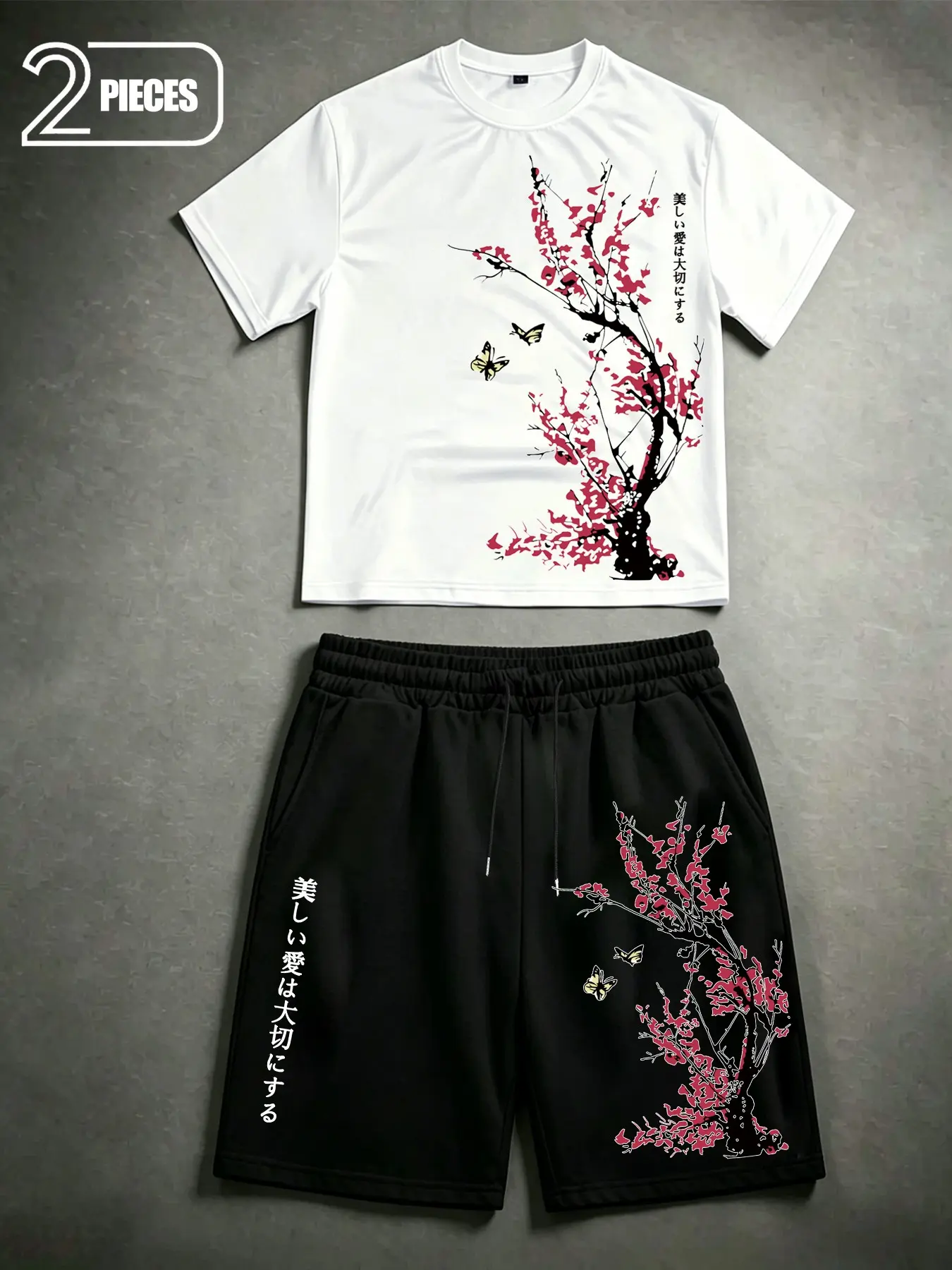 Men's 2-Piece Summer Streetwear Set - Japanese Cherry Blossom Print Short Sleeve T-Shirt and Drawstring Shorts - Aesthetic Oriental Graphic Tracksuit for Urban Casual & Vacation Wear Graphic Tee Set