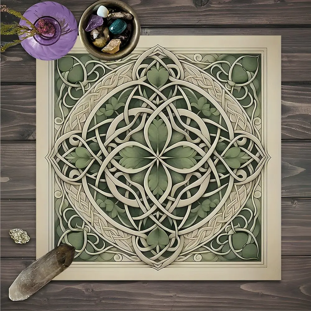 Vintage Green Celtic Knot Design Square Tarot Tablecloth, Witch-style Mystical home decor Altar Cloth Multiple Sizes Polyester Fabric, Easy to Clean and Maintain, Durable Decorative Divination Cloth for Spreads & Rituals Gift for family and friends