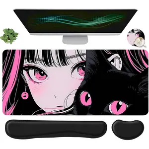 4pcs Anime Pink Black Girl & Cat Design Mouse Pad + Keyboard Wrist Rest + Ergonomic Mouse Pad + Coaster Set, Office Accessories Set with Ergonomic Wrist Support, Computer Mat for Desktop Decoration, Suitable for Home Office Gaming, Anime Mousepad