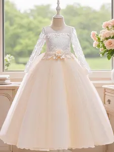 Toddler Girl's Floral Lace Elegant Dress, Kids Party Wedding Gown, Little Girls Clothes for All Seasons