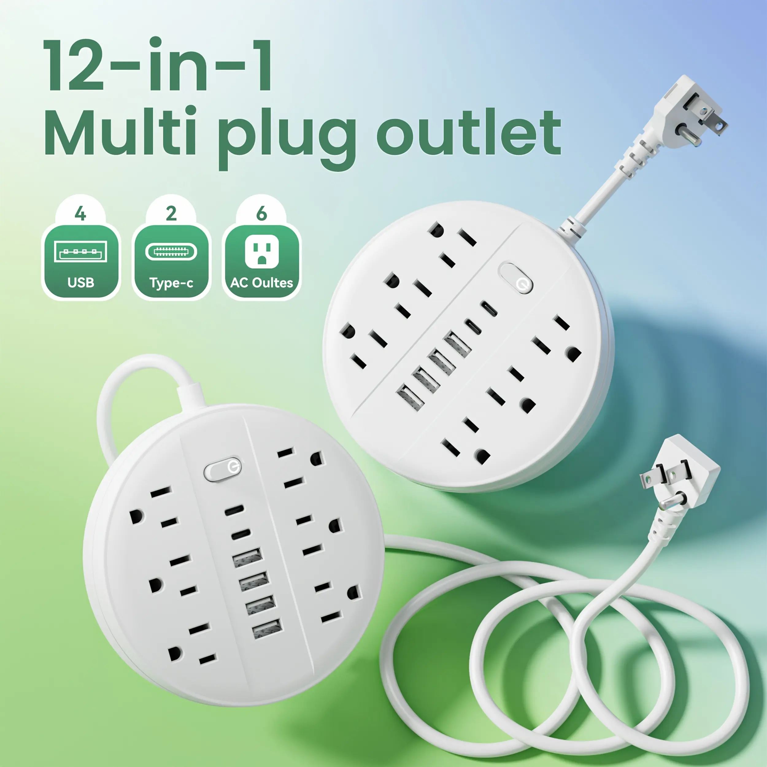1pc 12-In-1 Surge Protector Power Strip with 6 AC Outlets, 4 USB-A And 2 Type-C Ports, Short Cord/5Ft/10Ft Extension Cord, Flat Plug, Wall Mount, Power Socket with Overload Protection, Desk USB Charging Station for Home, Office And Travel