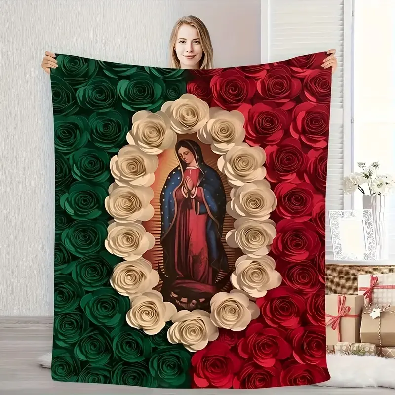 Virgin Mary Mexican Flag Rose Throw Blanket, Green White Red Floral Artwork in Soft Lightweight Flannel for Marian Prayer Spaces and the Family Couch, Mexico Pride, Catholic Families, Spiritual Home Decor and Marian Devotees