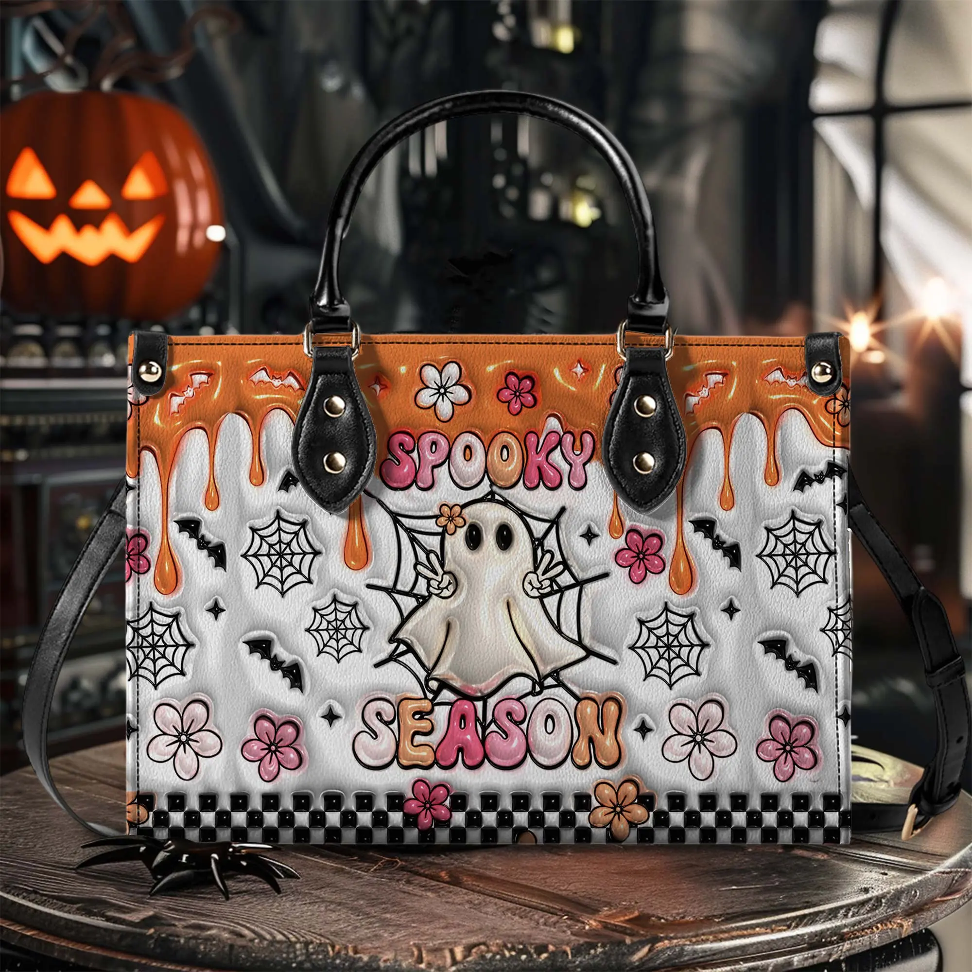 Spooky Season Ghost Leather Handbag for Women, Cute Halloween Ghost PU Leather Tote Bag, Pink & Orange Halloween Shoulder Purse, Fall Fashion Handbag, Witchy Accessories, Trick or Treat Gift, Cute Halloween Gift for Her