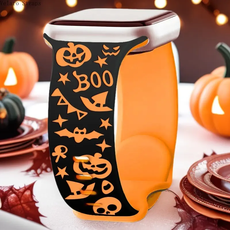 Halloween Pumpkin Laser Engraved Silicone Smart Watch Strap, Adjustable Wearable Accessories, Creative Holiday Tech Accessories Wristband for All Smart Watch Sizes