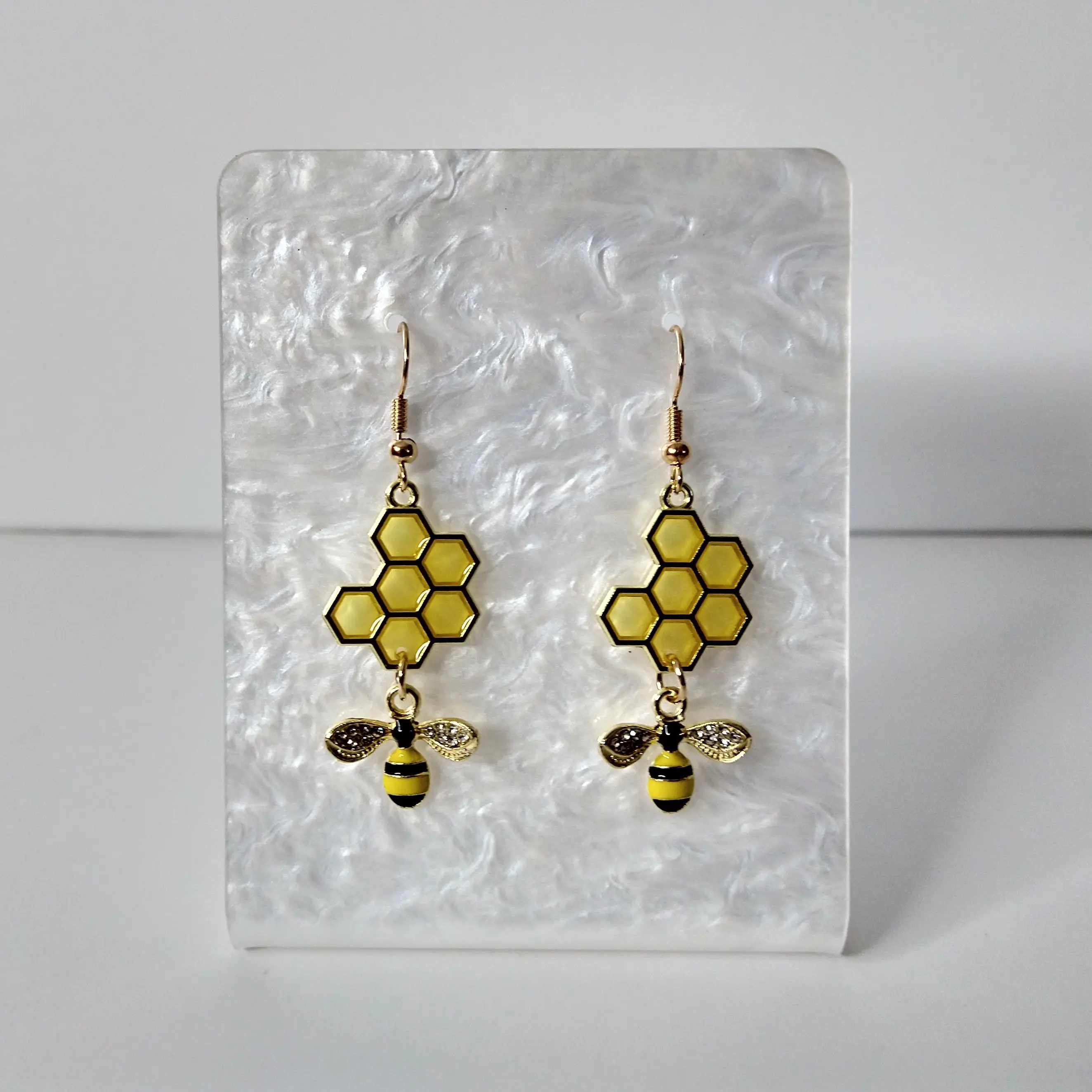 #256 Honeycomb & Bee with Rhinestones Earrings, Casual, Spring, Summer, Insect, Animal, Jewelry, Zinc Alloy