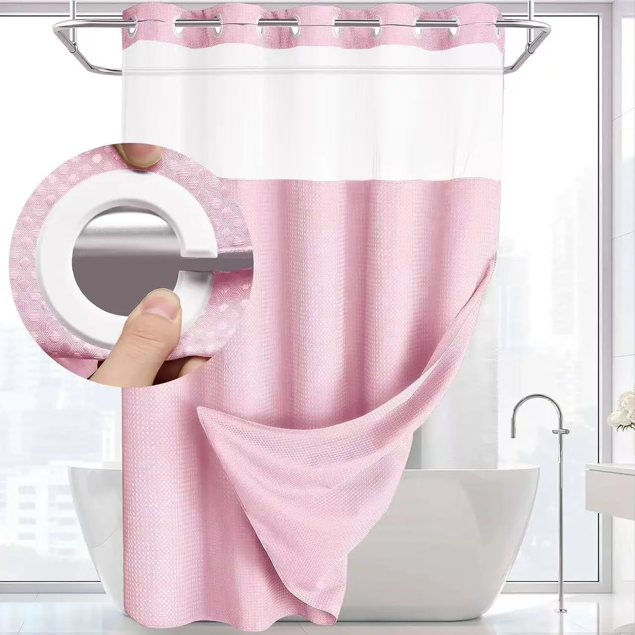 Classic Opaque Grey Double Layer Hookless Cloth Shower Curtain Set - Waterproof Wall Mounted Adjustable Straight Bathtub Partition Curtain for Hotel Bathrooms, Shower Curtains