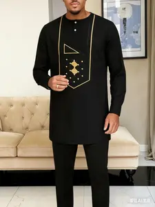 Men's Muslim Style Modest Islamic Clothing Kaftan Set, Round Neck Long Sleeve Embroidery Design, Casual African Clothing for Weddings Festivals Business Fasting Gifts