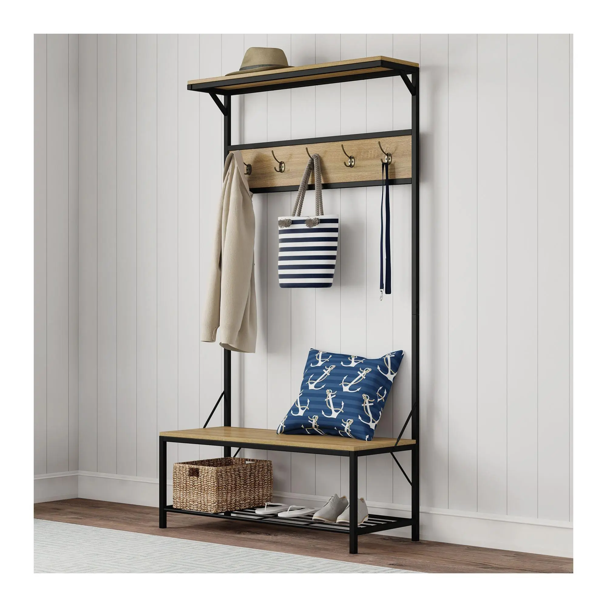 Lavish Home Bench w/Seat Iron & Wood Furniture5-Hook Rack