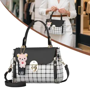 Maxoner Plaid Pattern Handbag Women's Buckle Decor Flap Purse Fashion PU Leather Crossbody Bag Gift Elegant Accessory Style with Bear Charm