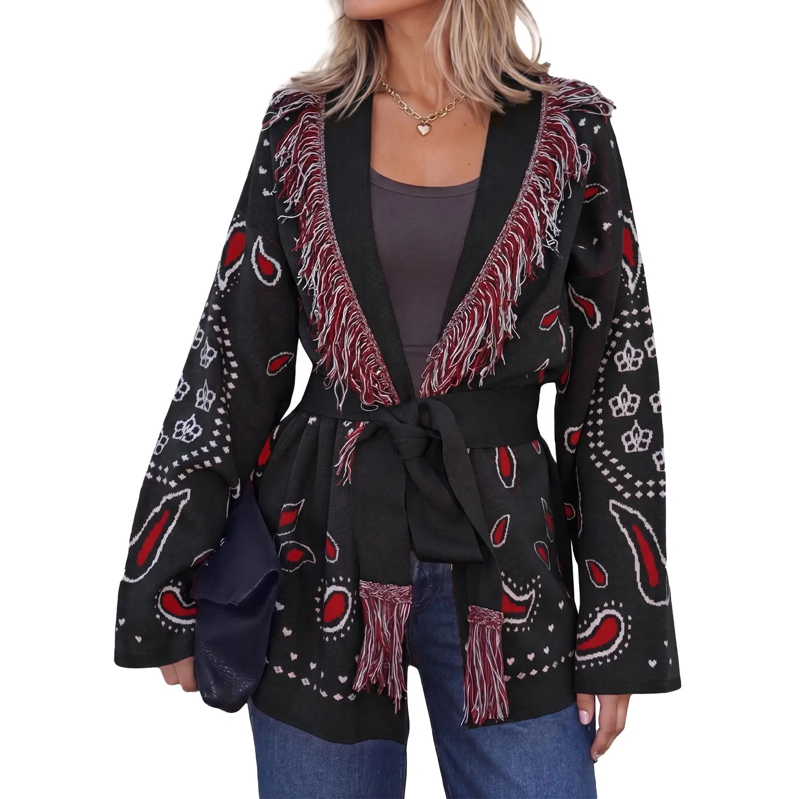 Cicy Bell Womens Cardigan Sweater Long Sleeve Fringe V Neck Printed Open Front Boho Patchwork Bleted Knit Coats