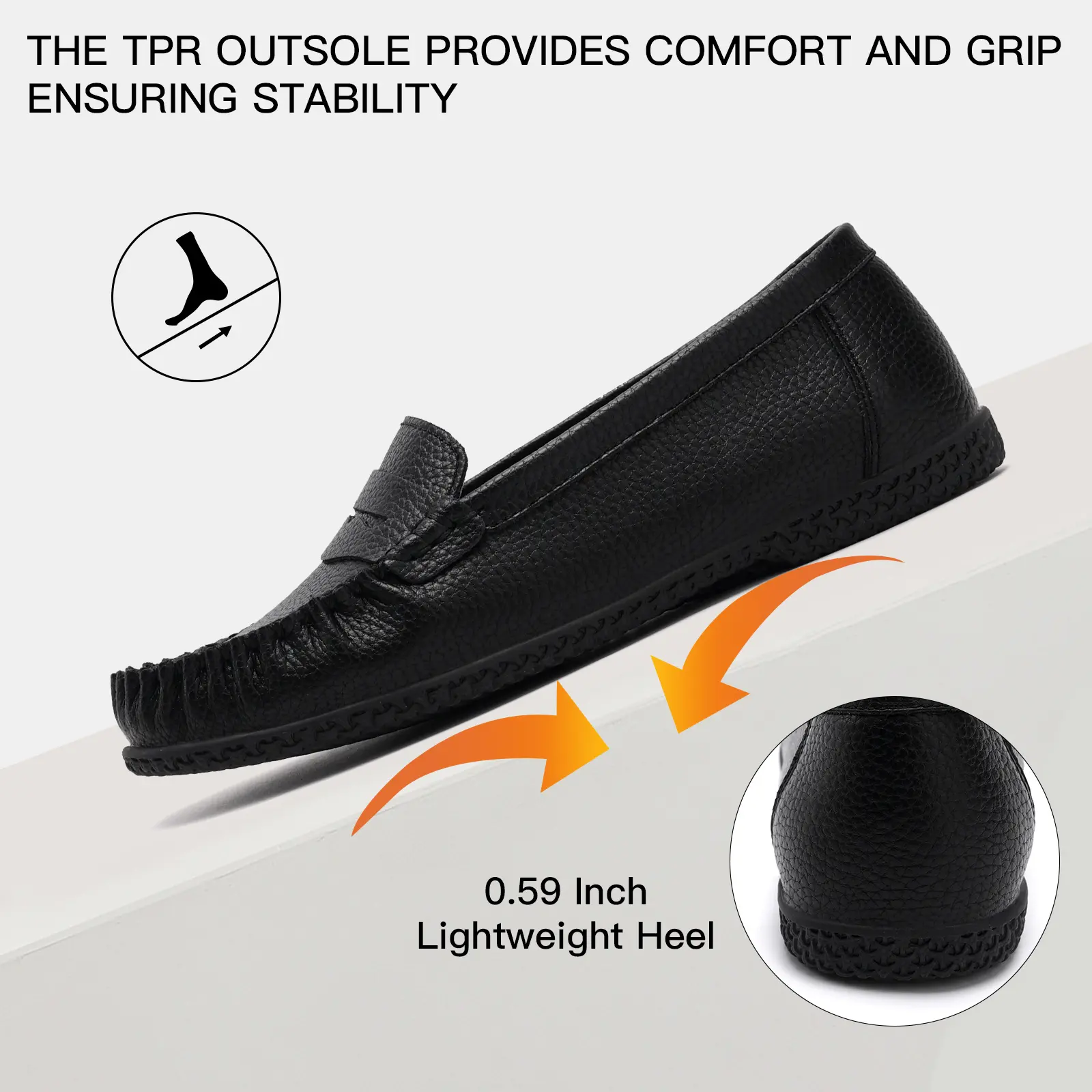 Women's Black Textured Slip On Loafers, TPR Non-Slip Outsole 0.59" Low Heel Lightweight Flats, All Day Standing Comfort Work Shoes for Nurse Teacher Office