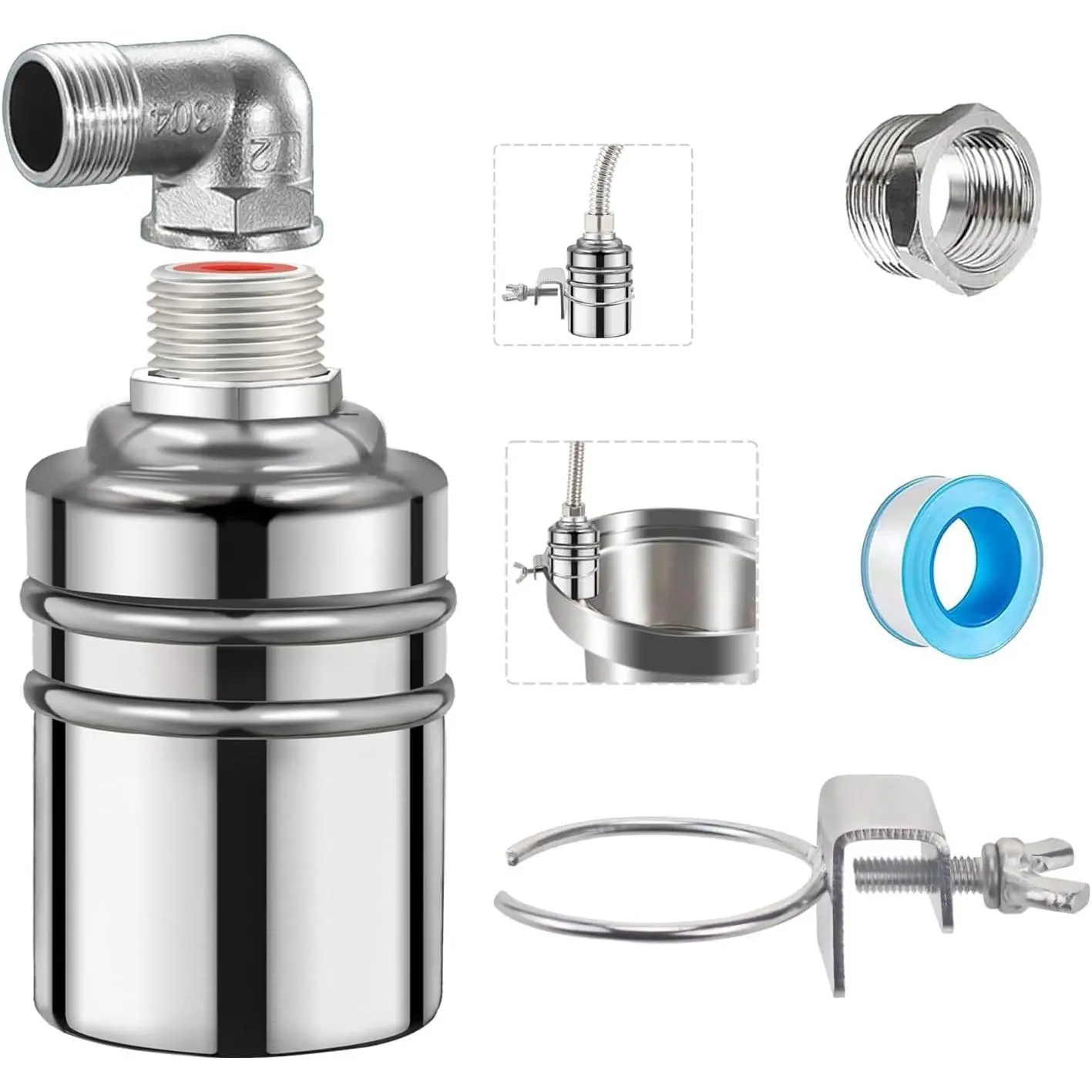 304 Stainless Steel 1/2"-3/4" Fully Automatic Water Level Control Float Valve with Teflon Tape for Water Tank, Fish Aquarium, Swimming Pools (Pool/Fountain, Fountain Reservoir)