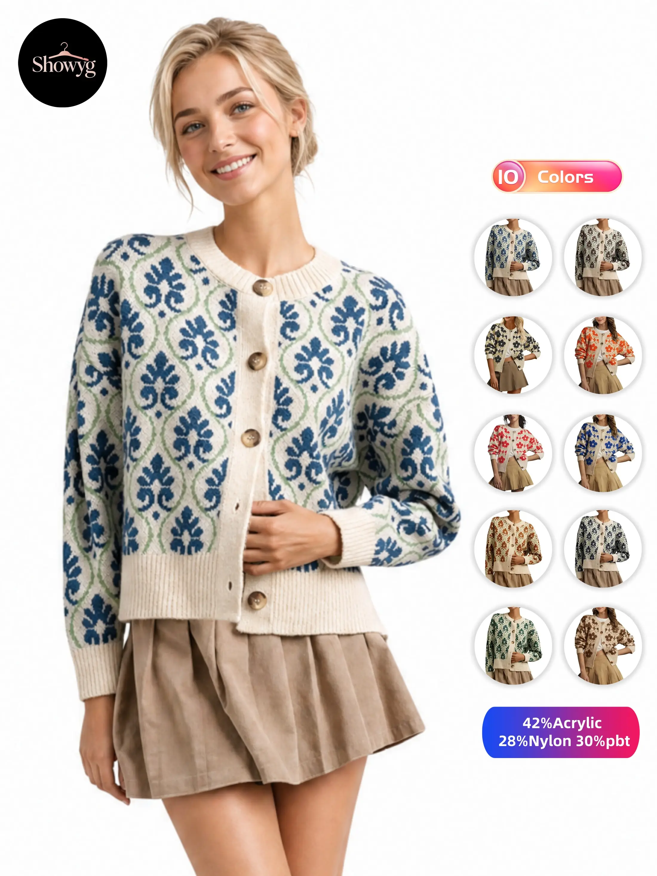Showyg Women's Floral Print Knitted Blend Cardigan Sweater - Open Front, Long Sleeve, Button Down, Vintage Outerwear, Machine Washable